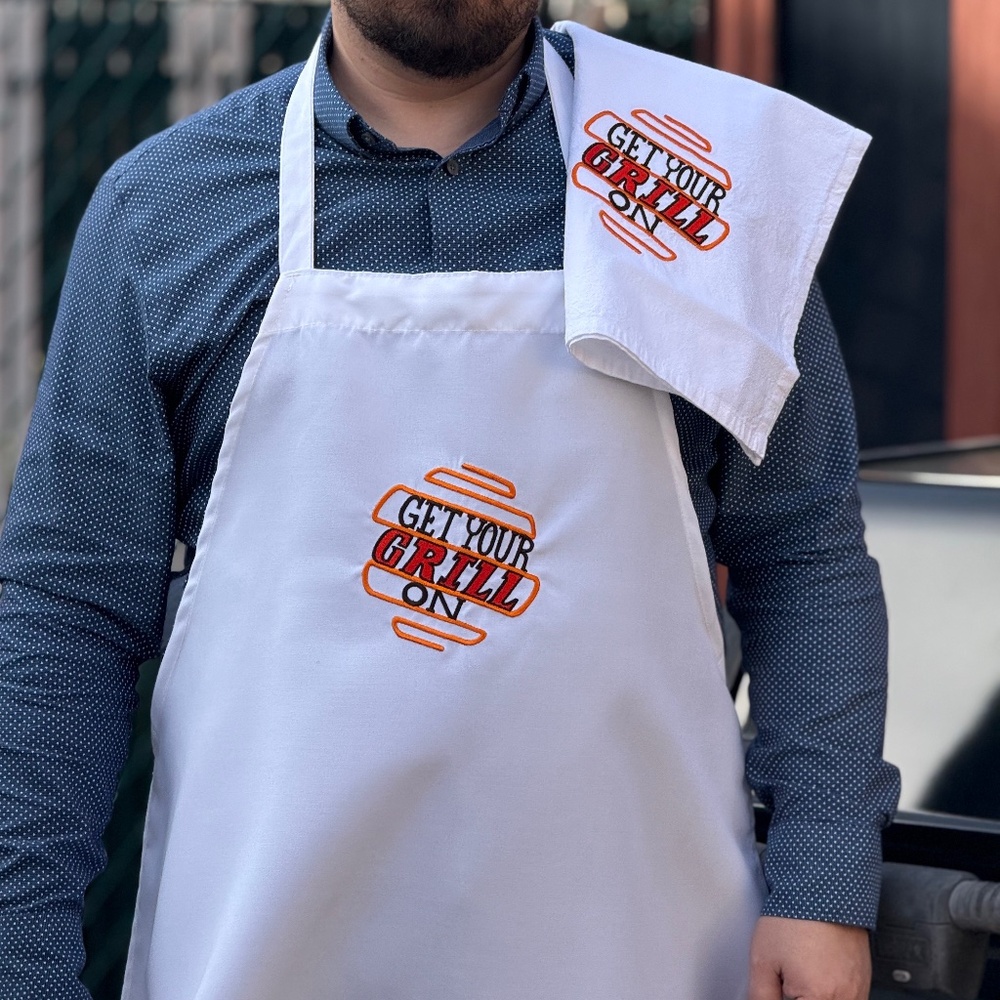 Embroidered BBQ apron with hand towel.  Get Your Grill On